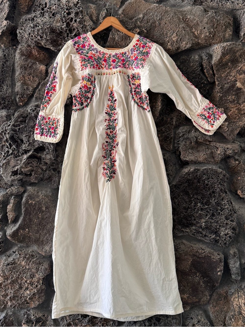 Vintage 60s 70s Cotton Oaxacan Maxi Dress w/ Colorful Floral Hand-Embroidery Med - Picture 1 of 16